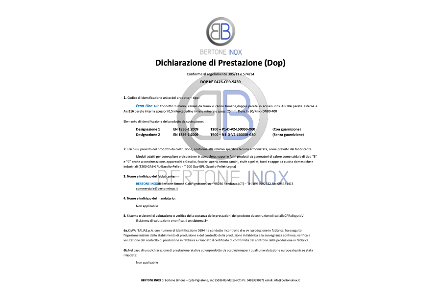 Dichiarazione di Prestazione DOP Doppia-Parete